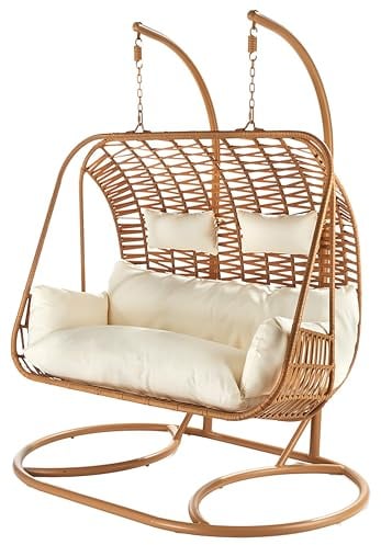 Kobolo Hängekorb MABURI Zweisitzer | 165x110x190 cm | braun | eleganter Hängesessel aus Polyrattan für 2 Personen | geflochtener Doppelsitzer mit Kissen | gemütlicher Hängestuhl für Wohnraum & Balkon