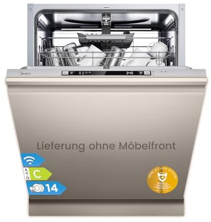 Midea SV 5.14K14C Geschirrspüler Vollintegriert 60cm, 14 Maßgedecke, Spülmaschine Unterbaufähig mit WIFI, 8 Programme, 44 dB, Automatische Türöffnung, 0-24H Startverzögerung, Silber