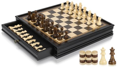 Peradix 2 in 1 Magnetisch Schachspiel mit Dame Spiel aus Holz, 32CM/12.6IN Schachbrett mit Lagerschublade und 2 Queen, Reiseschach Holz Hochwertig Schach Spielzeug für Kinder und Erwachsene
