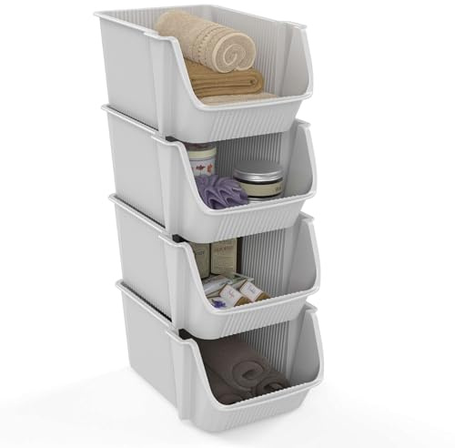 SUNDIS Fly Tower, 4 stapel boxen, aus recyceltem Kunststoff, wollweiß, ideal für Werkstatt, Garage, Spielzeug, Küche und Bad