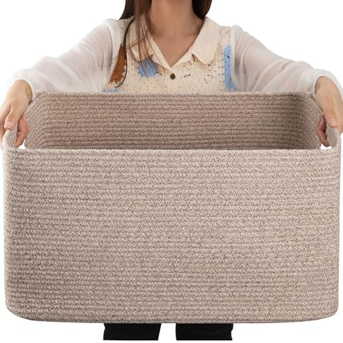 OIAHOMY Großer Deckenkorb, gewebter Decken-Aufbewahrungskorb mit Griff, Baumwollseilkorb zum Organisieren, 55,9 x 43,2 x 30,5 cm, Deckenkorb, Wohnzimmer, Spielzeugkorb für Kinderzimmer, Braun, bunt