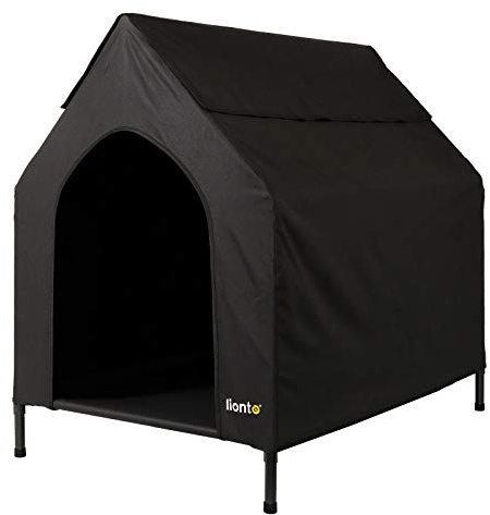lionto Hundeliege Outdoor mit Dach, bis 40 kg, 90 x 65 x 85 cm, Schwarz | Erhöhtes, Überdachtes Hundebett aus wasserabweisendem, kratzfestem Material, mit luftiger Liegefläche für draußen