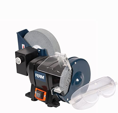 FERM BGM1021 Nass und Trockenschleifmaschine - Doppelschleifmaschine 250W - 150mm - Incl. P80 (Nass) und P36 (Trock) Schleifstein, Schutzbrille und Funkenfänger