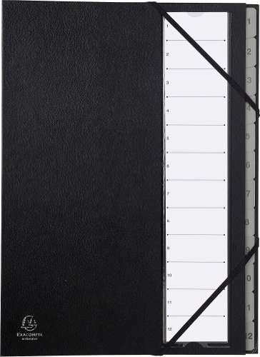 Exacompta 56012E Premium Ordnungsmappe Ordonator. Mit festem Einband für DIN A4 und 12 Fächern 1-12 mit dehbarem Rücken, 2 Gummizügen, Kunststofftaben Fächermappe Register-Mappe schwarz