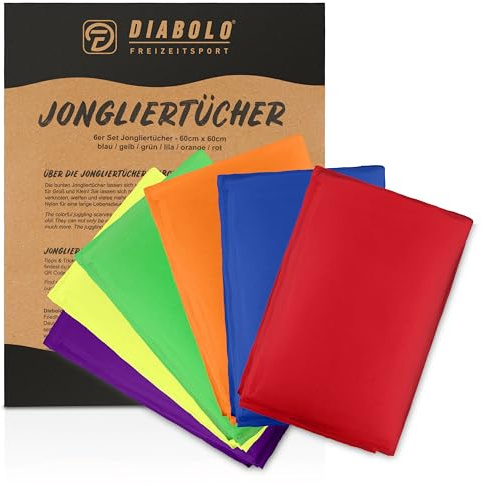 Diabolo Freizeitsport Jongliertücher 60x60cm (6er Set) - Bunte Chiffontücher für Tanz, Gymnastik, Rythmik - Seidentuch für Pekip, Tanztuch, Sensorik