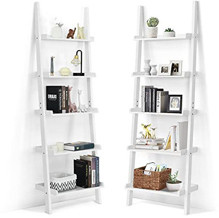 RELAX4LIFE 5-stufiges Leiterregal, Standregal aus Holz, schräges Wandregal, Jede Ebene bis zu 3 kg belastbar, Bücherregal lackiert & wasswerdicht, Wandlehnregal für Bad Wohnzimmer Küche (Weiß)
