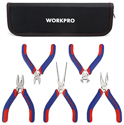 WORKPRO Mini-Zangen-Set, Schmuckzangen, 5-teilig, inkl. Linesman-Zange, Spitzzange, Seitenschneider, Spitzzange mit Organizer-Tasche
