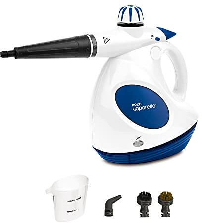Polti Vaporetto First, Dampfpistole mit Boiler und Sicherheitsverschluss | 3 Bar Druck, 1000 W Leistung, 5 Zubehörteile inklusive, Weiß und Blau