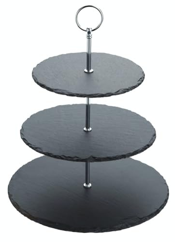 Artesà Dreistöckiger Kuchenständer aus Schiefer Servierset, Kuchenständer Set, 28.5x34.5cm, Geschenkbox, Slate Grau/Silber