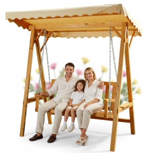 Melko Hollywoodschaukel Gartenschaukel Holz 188x161x88 cm mit Dach 190 kg | Hängeschaukel für 2 Personen, UV-beständig und regendicht, stabile Kettenaufhängung, wetterfeste Sitzbank, Farbton Beige