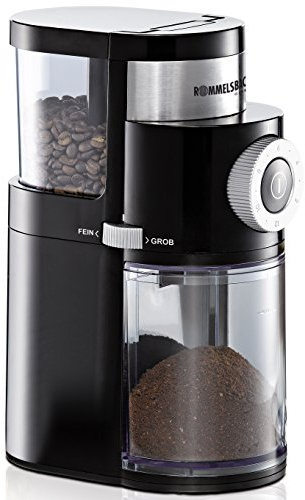 ROMMELSBACHER Kaffeemühle EKM 200 – aromaschonendes Scheibenmahlwerk, Mahlgrad einstellbar von grob bis fein, 2-12 Portionen, Füllmenge Bohnenbehälter 250 g, 110 Watt, schwarz