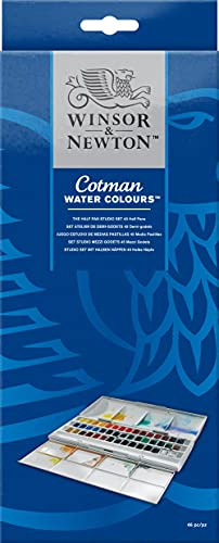 Winsor & Newton 0390471 Cotman Half Pan Studio-Aquarellfarben Set, lebendige Wasserfarben mit hoher Lichtechtheit, große Farbauswahl, Alterungsbeständig - 45 halbe Näpfe, Mischpalette, Pinsel