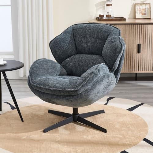 Ya-Home Ohrensessel aus Chenille Bequemer Sessel Wohnzimmer 360° drehbarer Loungesessel mit dickem Kissen Relaxsessel mit Armlehnen gepolsterter Sofasessel für Schlafzimmer/Heimbüro, Blau