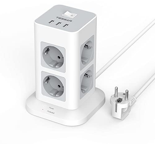Mehrfachsteckdose Überspannungsschutz 3600W 16A, TESSAN 8 Fach Steckdosenleiste USB Mehrfachstecker, Steckerleiste mit 2M Verlängerungskabel, Steckdosenturm Verteilersteckdose für Zuhause, Grau