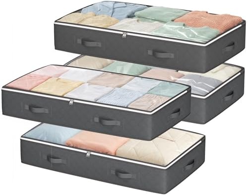 Budding Joy 4 Stück 90L Unterbettkommode, Aufbewahrungsbox mit Deckel Faltbare Unterbett Aufbewahrungsbox für Kleidung, Bettdecken und Bettwäsche, Grau