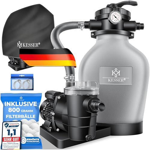 KESSER® Sandfilteranlage + 700g Filterbälle ersetzen 25kg Sand Filter 7-Wege-Ventil mit Druckanzeige Poolfilter 10m³/h Filterkesselanlage für Pool 10.200 L/h, Inkl. Wettercover, Grau
