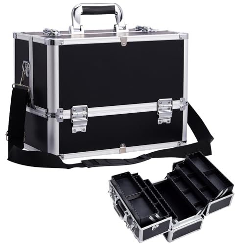 Kosmetikkoffer Schminkkoffer, Make up Organizer Koffer Abschließbar Aufbewahrung friseurkoffer Multikoffer Etagenkoffer, Makeup Koffer Alu Beautycase, Schwarz