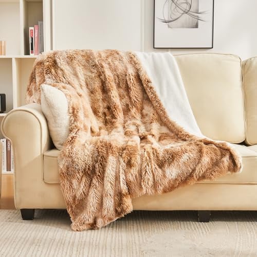 EMME Faux Kuscheldecke Flauschig, Felldecke, Pelz Wolldecke, Wohndecke, Super Weich, Plüschig, Dicke, Lange Haare Shaggy Decke, Warme Gemütliche für Sofa und Bett (Tie Dye Braun, 130 x 150 cm)