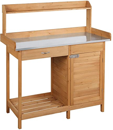 Yaheetech Pflanztisch mit Unterschrank & Zink-Arbeitsplatte & Schubladen | Gärtnertisch Holzpflanztisch Blumentisch Wetterfest mit 3 Haken für Garten Balkon Terrasse, 112 x 46,5 x 125 cm, Hellbraun