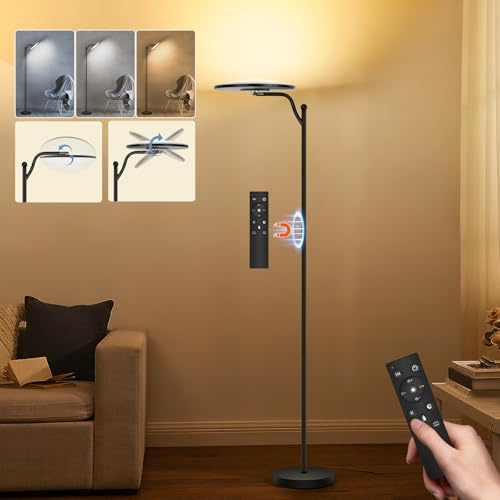 Oraymin Stehlampe Wohnzimmer 32W, Deckenfluter Stehleuchte Dimmbar mit Fernbedienung, 2700K-6500K Stehlampen LED Dimmbar Hohe Stehleuchte, Drehbare Stehlampe für Wohnzimmer Schlafzimmer Büro