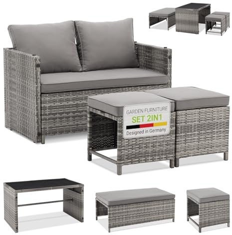 Juskys 2in1 Polyrattan Relax Gartenmöbel Set Jamaika - Tisch, Gartenlounge Sofa - Balkonmöbel Sitzgruppe für Balkon, Garten - Outdoor Lounge grau-meliert
