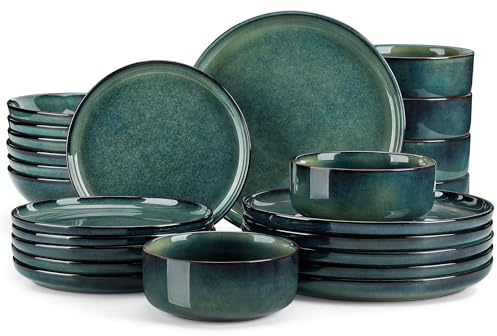 Geschirrset 6 Personen modern, vancasso STARRY 24-teiliges Steingut Geschirr Set, Kombiservice Set Grün, Tafelservice 6 Personen, Inklusive Speiseteller, Dessertteller, Suppenteller und Müslischalen