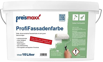 Preismaxx Profi Fassadenfarbe, weiß, 10 Liter, matte, wasserabweisende Aussen-Dispersion, hohe Wasserdampfdurchlässigkeit 10l