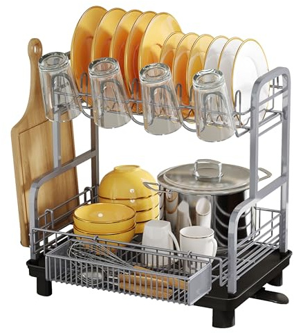Abtropfgestell Geschirr mit Abtropfschale, Rostfreies Geschirrabtropfgestell Edelstahl mit Automatischem, Geschirr Abtropfständer mit Besteckhalter für große Teller, Platzsparende Geschirrablage