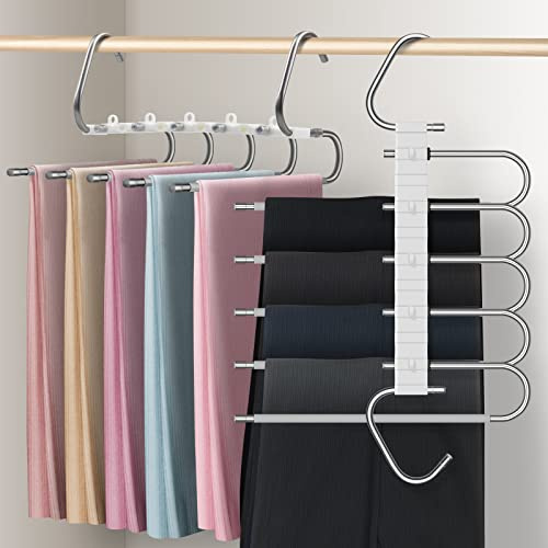 devesanter hosenbügel kleiderbügel platzsparend 2 Stück rutschfeste magische Hosenbügel für Schals, Jeans, Hosen, Handtücher （grau mit 10 Clips）
