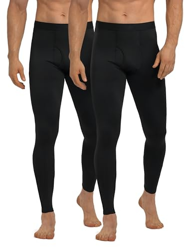 YESWEL Lange Unterhosen Herren, Warme Thermohose, Fleece Unterhosen Männer mit Eingriff 2er Pack, Winter Skiunterwäsche Thermounterwäsche (Schwarz, M)