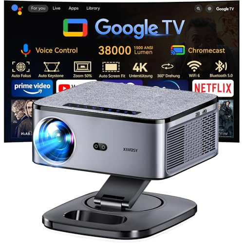 Beamer 4K【1500 ANSI & Google TV/Autofokus】 Full HD 1080P 38000 Lumen XIWBSY Smart Beamer mit WiFi 6, Bluetooth 5, HDR10, Sprachassistent, Heimkino & Outdoor Projektor