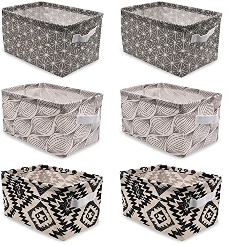 6 Stück Aufbewahrungskorb Stoff Leinen, Owelth Wasserdicht Aufbewahrungsbox mit Griffen, Faltbar Ablagekörbe Speicher Wickeltisch Organizer für Schubladen, Spielzeug, Kosmetik, Bad, 28x19x15 cm