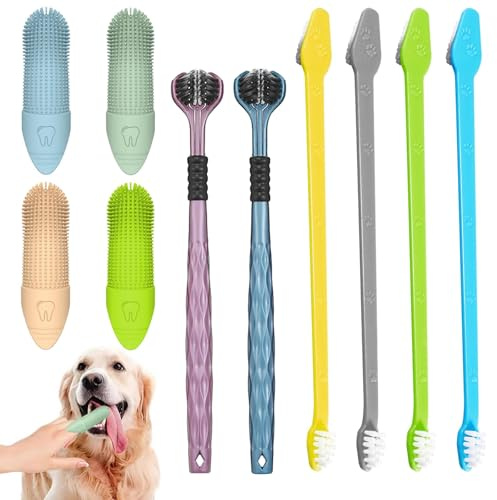 Soodyoow Hundezahnbürste, 10 Stück Zahnbürste für Hunde, 2 Stück Dreifach Köpfe Hundezahnbürsten, 4 Fingerzahnbürste, 4 Doppelköpfige Dog Toothbrush, 360º Pets Zähne Reinigung Zahnbürste
