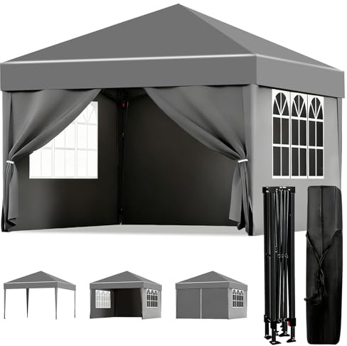 ISE Pavillon 3x3 mit 4 Seitenwänden, Faltpavillon 3x3 Stabil inkl.Tragtasche, Pavillion Stabil Winterfest UV-Schutz 50+,Partyzelt höhenverstellbar, Gartenpavillon Pop up für Outdoor & Camping Grau