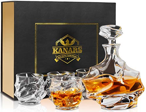KANARS Whiskey Gläser und Karaffe, 750 ml Whisky Dekanter mit 4x 320 ml Gläser für Cognac, Whisky, Martini, Scotch, Bleifrei Kristallgläser, 5-Teiliges Set