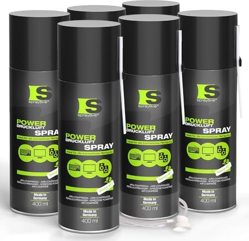 6 x 400ml Spraytive Power Druckluftspray: Mit 10cm + 50cm Sprühverlängerung - Reinigung von Tastatur, PC/Computer, PS5, Kamera