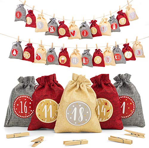 Adventi Adventskalender zum Befüllen [24 Stück] Weihnachtskalender 2025 Jutesäckchen 15 x 12cm Groß, Weihnachtsdeko Tüten/Säckchen, Geschenktüten Weihnachten mit individuellen Designs (Rot)