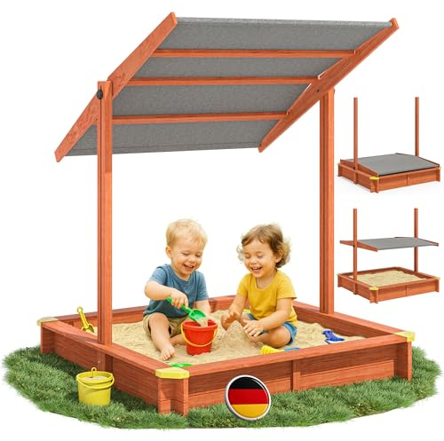 Spielwerk® Sandkasten Sami Sonnendach 120x120cm imprägniertes Holz Füllstand Skala UV 50+ Kantenschutz Bodenvlies Sandspielzeug Kinder Sandbox Sandkiste