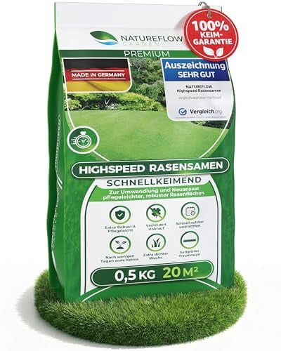 Rasensamen schnellkeimend Frühjahr – TEST SEHR GUT – Grassamen schnellkeimend Rasen Nachsaat Made in Germany - Rasensamen Frühjahr Samen von Natureflow