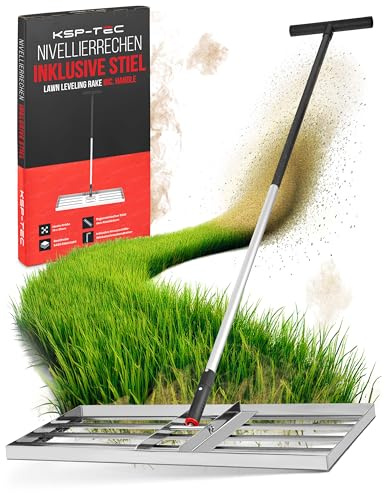 KSP-TEC® Rasenrakel Edelstahl [75X35 CM] - Profi Rasenrechen mit Stiel - Nivellierrechen - Rakel Rasen für Sanden, Ebnen & Pflegen - Ergonomisch & Rückenschonender Egalisierer - Rasennivellierwerkzeug