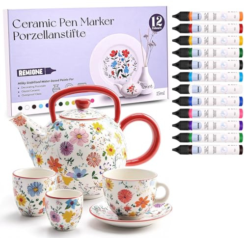 Remione Porzellanstifte Spülmaschinenfest, Porzellanfarbe Wasserfester, Geeignet zum Malen von Mustern auf Porzellan, Glas und Keramik, Keramik Bemalen Set 12 Farben 15ml (12 Farben)