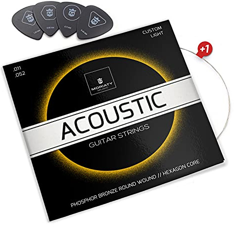 MORIATY® Gitarrensaiten Westerngitarre – Premium Phosphor Bronze Saiten für Akustikgitarre (6er Set) | Inkl. 4 Plektren + Extra E-Saite | Steel Acoustic Guitar Strings für Anfänger & Profis