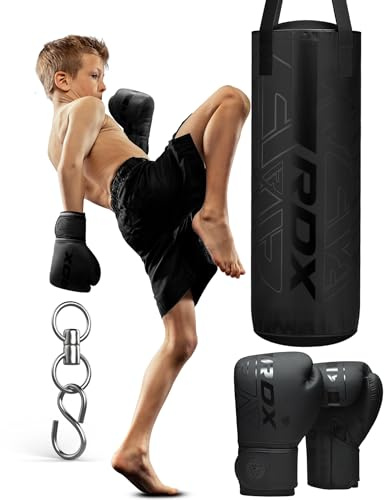 RDX Gefüllt Boxsack Kinder,60 cm Hängend Box Set Für Boxen Kickboxen MMA Muay Thai Karate, Punchingsäcke für Jungen Mädchen, Maya Hide Leder Kids Punching Bag