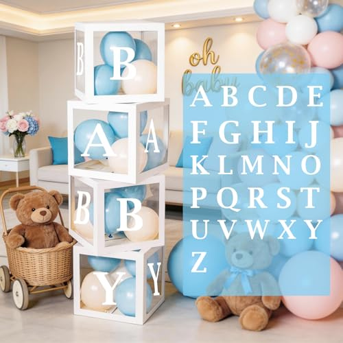 4 Stück Partydekoration Ballonbox Babyparty Dekoration Baby Shower Box Deko Weiße Transparente Quadratische Ballonboxen mit 26 Buchstaben A-Z für Jungen und Mädchen Geburtstag Partydekoration