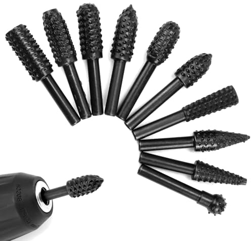 QWORK® 10 Stück Holzraspel Raspel Set, 1/4" Schaft, Holz Bohrer Fräser Set, 45# Stahl, Kompatibel mit Weichholz, Kunststoff, Gummi
