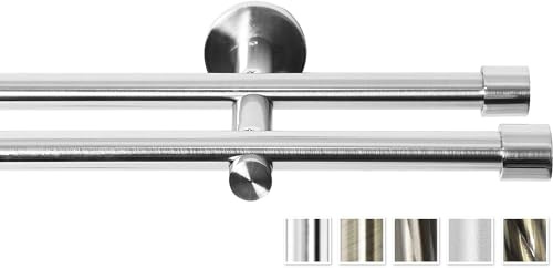 Rollmayer glänzend metall Gardinenstange Ø 16mm Rohr Edelstahl für Ösenvorhang Gardinen (Crux 160cm lang Edelstahl 2-läufig) modern Vorhangstange Ohne Ringe