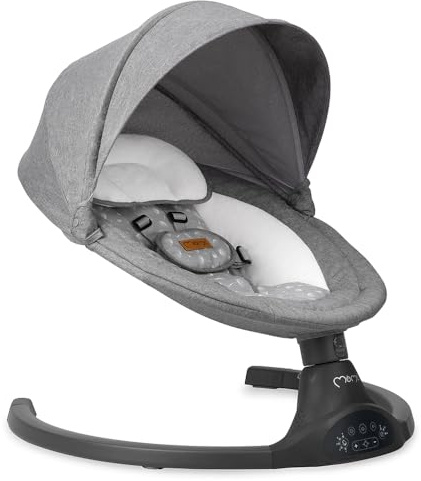 MoMi KENANI Babywippe für Kinder bis 9 kg, klappbar, mit Fernbedienung & Bluetooth zum Verbinden mit Smartphone, Batterie- oder Stromanschluss, mit 5-Punkt-Sicherheitsgurt, Sonnenschutz, Insektennetz