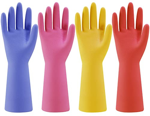 Bamllum Spülhandschuhe, Gummi, 4er-Set, farbig, wiederverwendbare Haushaltshandschuhe zum Geschirrspülen und Reinigen, flexibel, langlebig, rutschfest, Größe L, Blau + Pink + Gelb + Rot