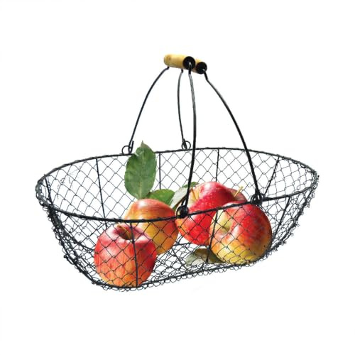 TERRE JARDIN Ernte-Korb Metall Schwarz 8L, Obstkorb mit abnehmbaren Holzgriffen, Gartenkorb zum Ernten von Obst und Gemüse