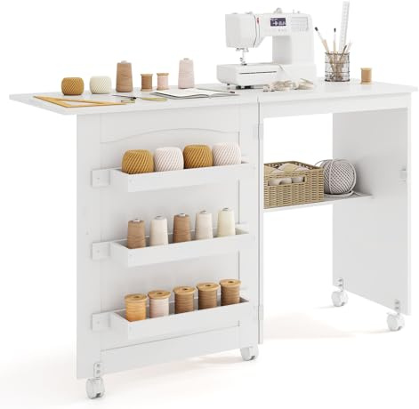 GIANTEX Nähtisch klappbar, Nähmaschinentisch auf Rollen, Nähtisch für Nähmaschine, Nähschrank Holz, Mehrzwecktisch für Wohnzimmer Arbeitszimmer Schlafzimmer (weiß)